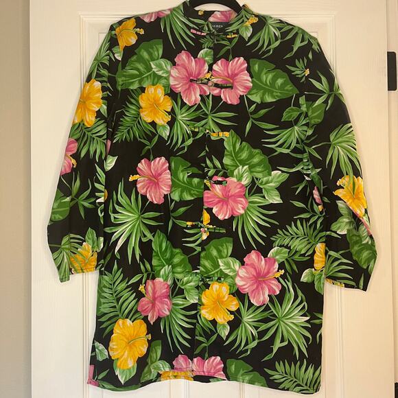 Lauren Ralph Lauren Vintage Linen Floral Hawaiian Print Blouse Medium - Picture 1 of 6